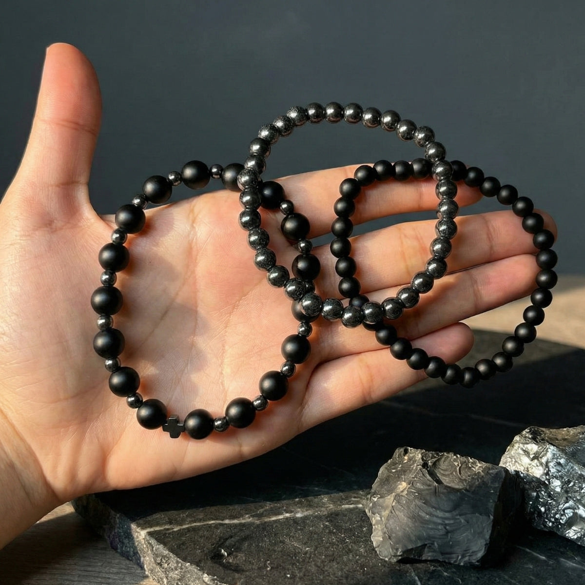 Set 3 Pulseras Hombre Ónix Mate y Hematita para Protección y Fuerza