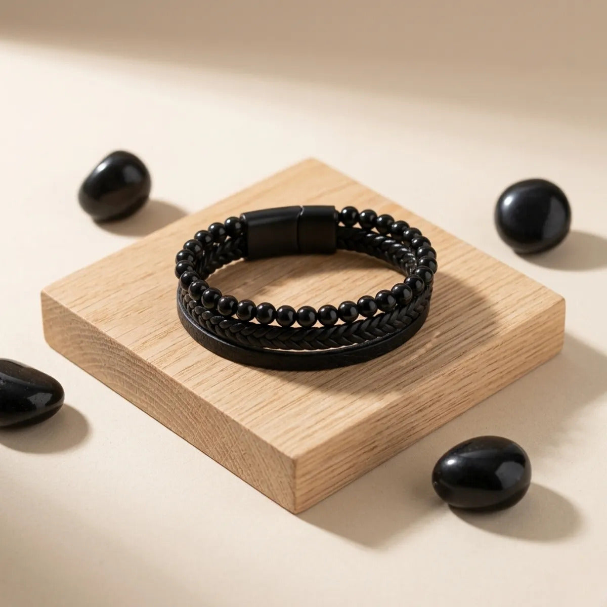 Pulsera Hombre Onix Negro Cuero Pu Brazalete Piedra Natural