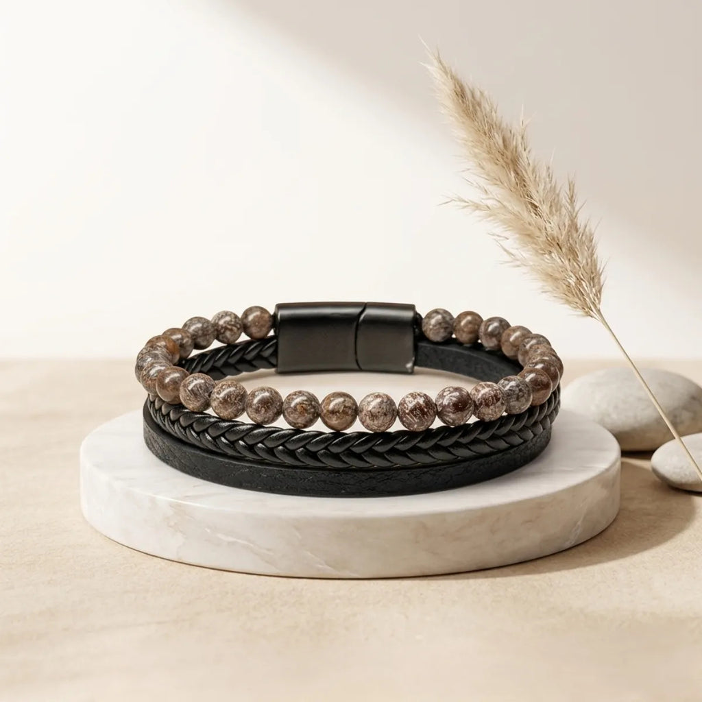 Pulsera Hombre Jaspe Yoperlita Piedra Natural Cuero Pu