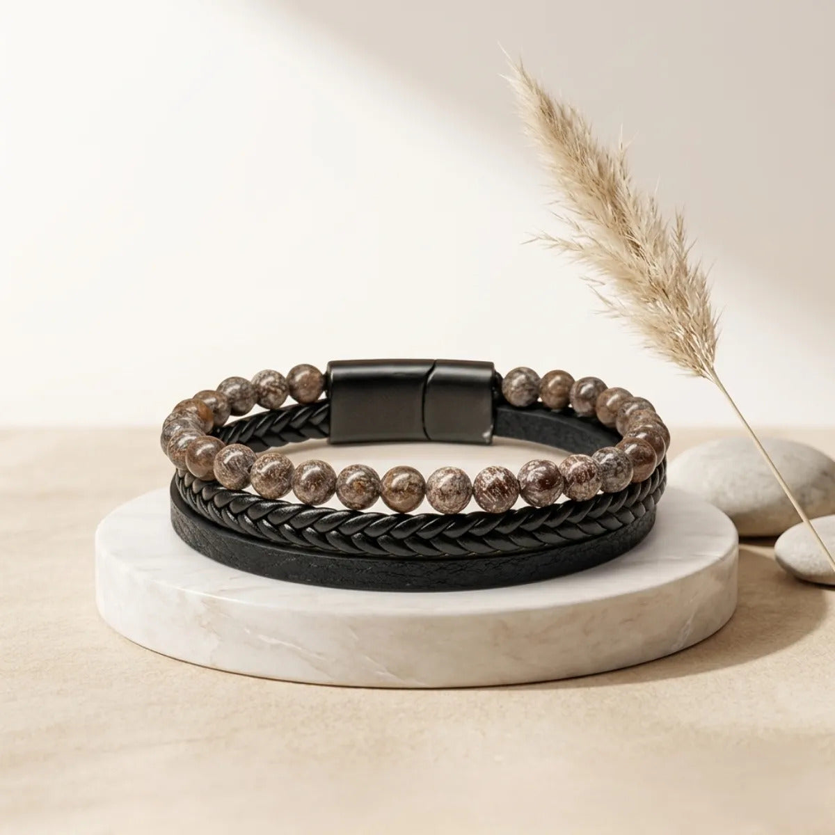 Pulsera Hombre Jaspe Yoperlita Piedra Natural Cuero Pu