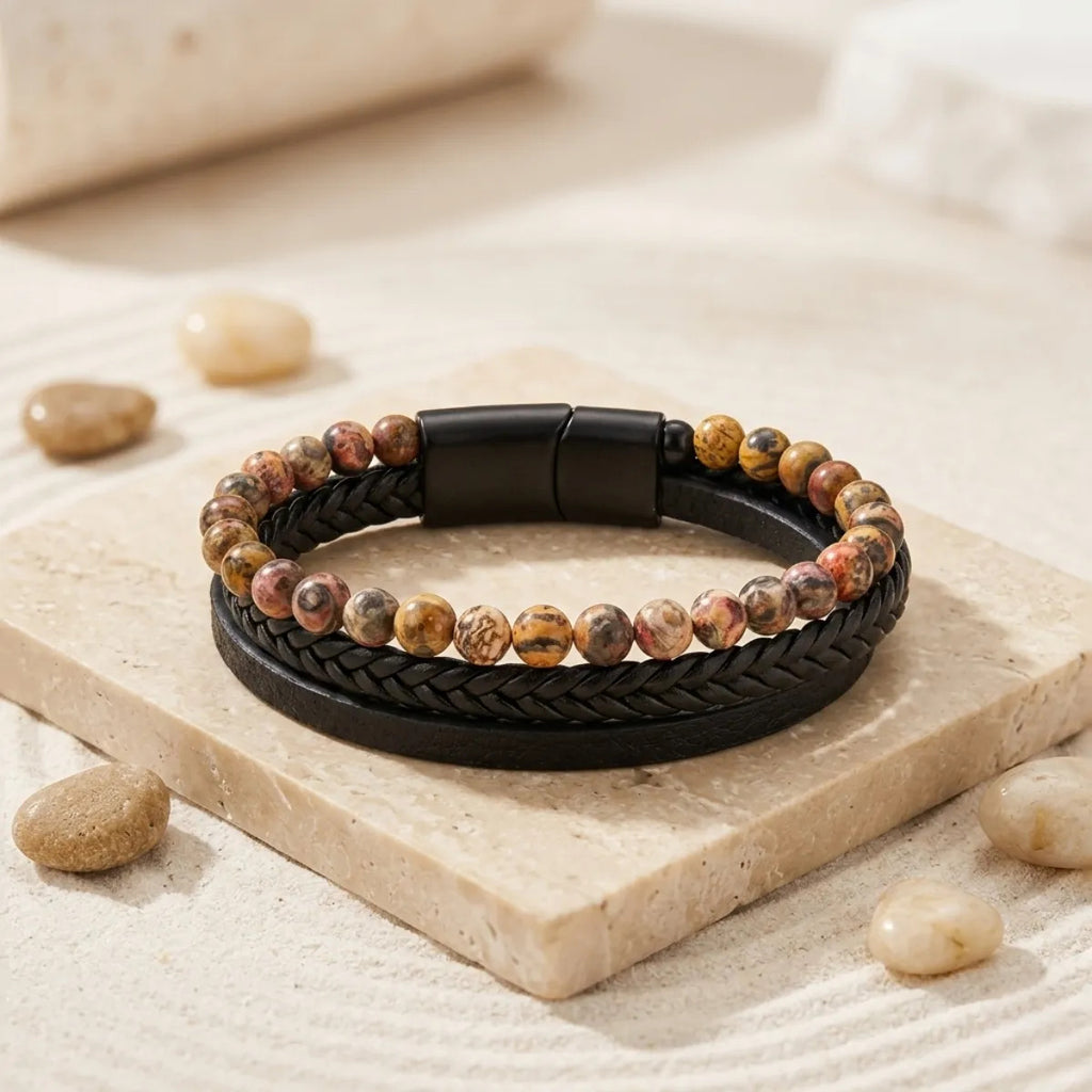 Pulsera Hombre Jaspe Leopardita Piedra Natural Cuero Pu 