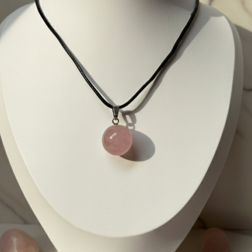 Collar de Cuarzo Rosa Cuero PU – Amor y Sanación