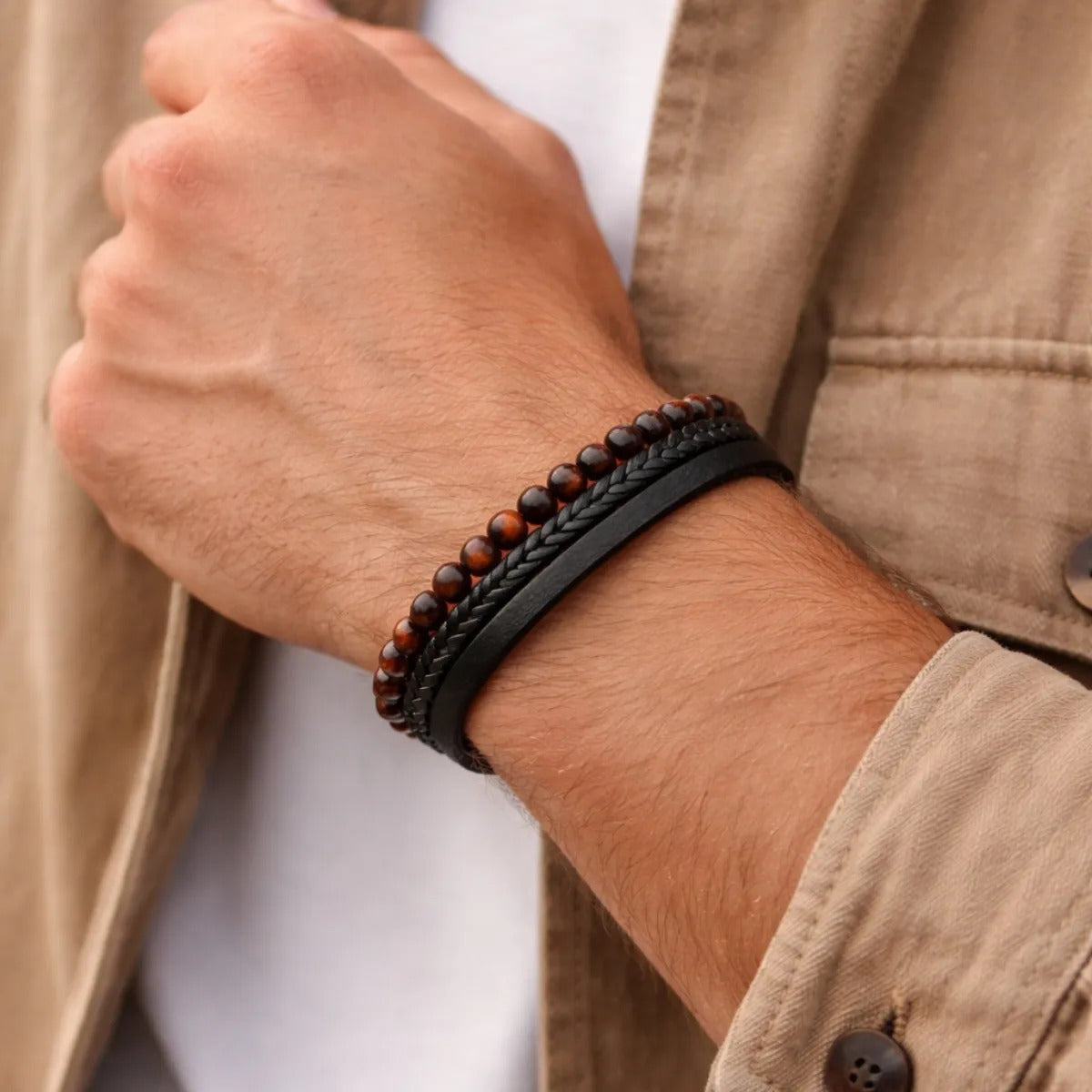 Pulsera Hombre Ojo De Buey Piedra Natural Cuero Pu