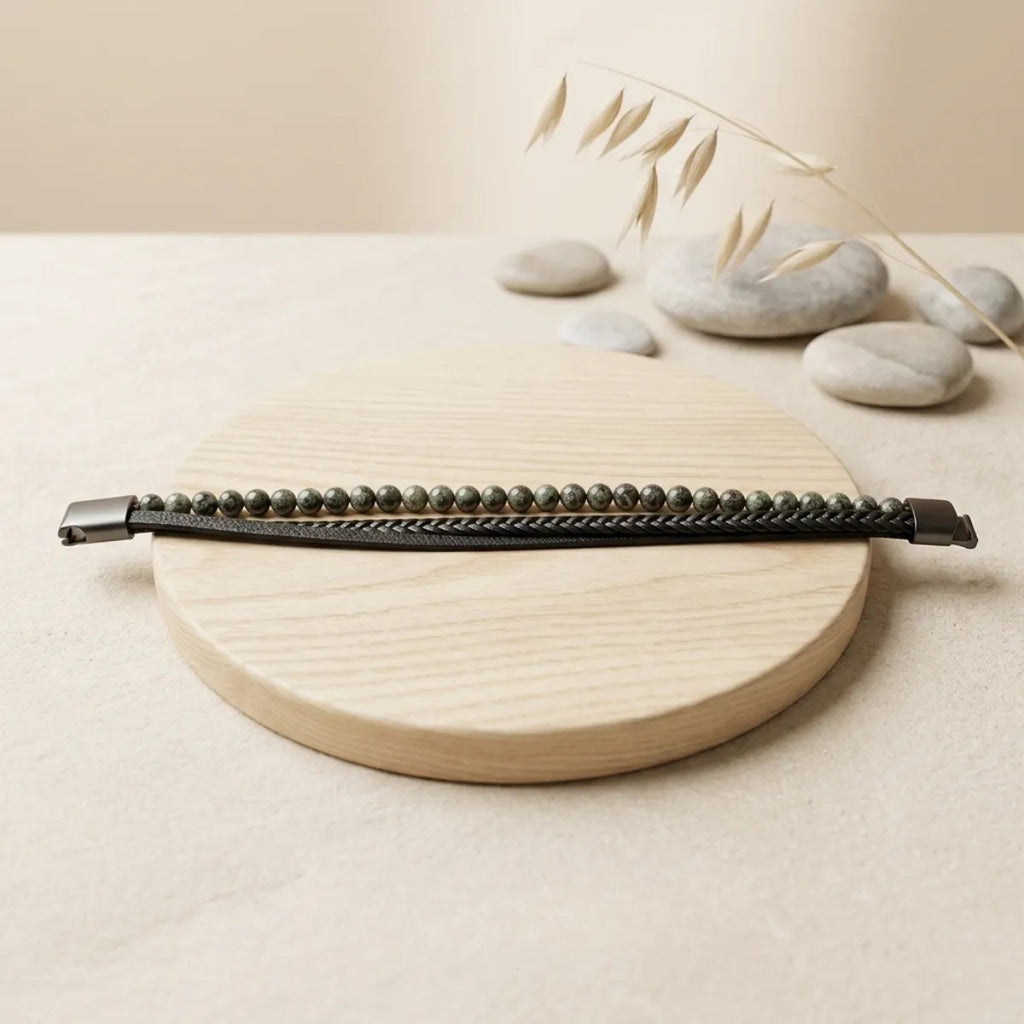 Pulsera Hombre Jaspe Yoperlita Piedra Natural Cuero Pu