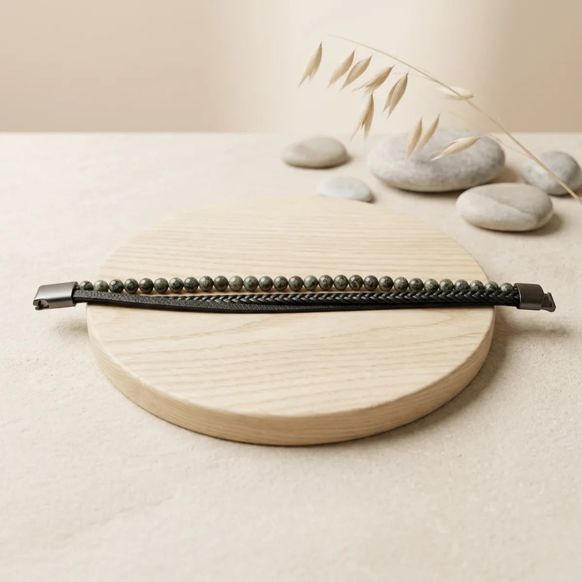 Pulsera Hombre Jaspe Yoperlita Piedra Natural Cuero Pu