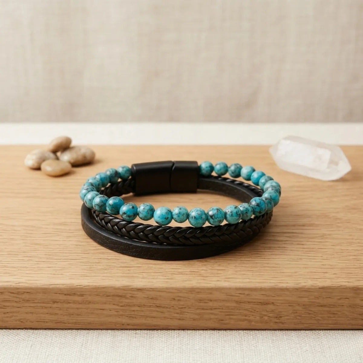 Pulsera Hombre Ágata Turquesa Cuero Pu Piedra Natural 
