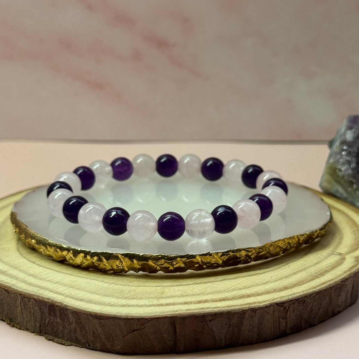 Pulsera Cuarzo Rosa Y Amatista - Amor Y Protección Piedras naturales