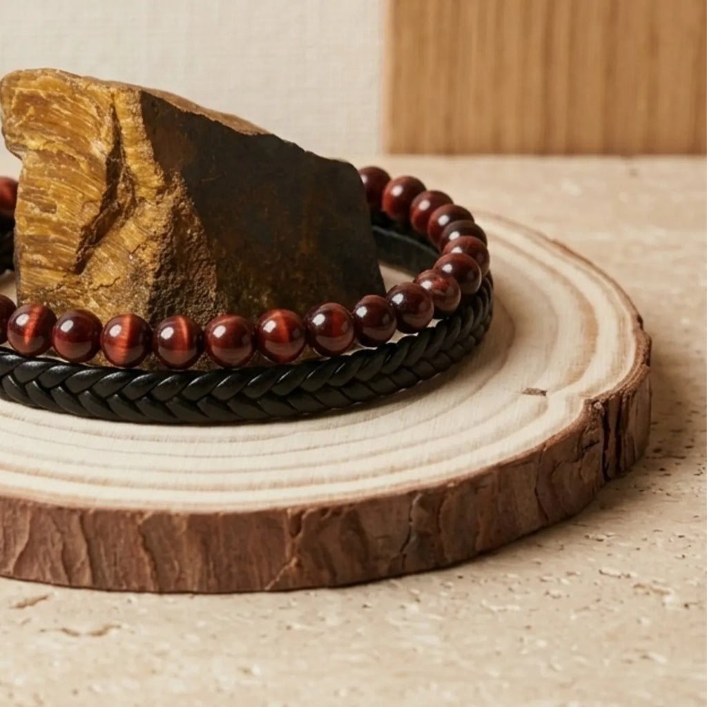 Pulsera Hombre Ojo De Tigre Piedra Natural Cuero Pu
