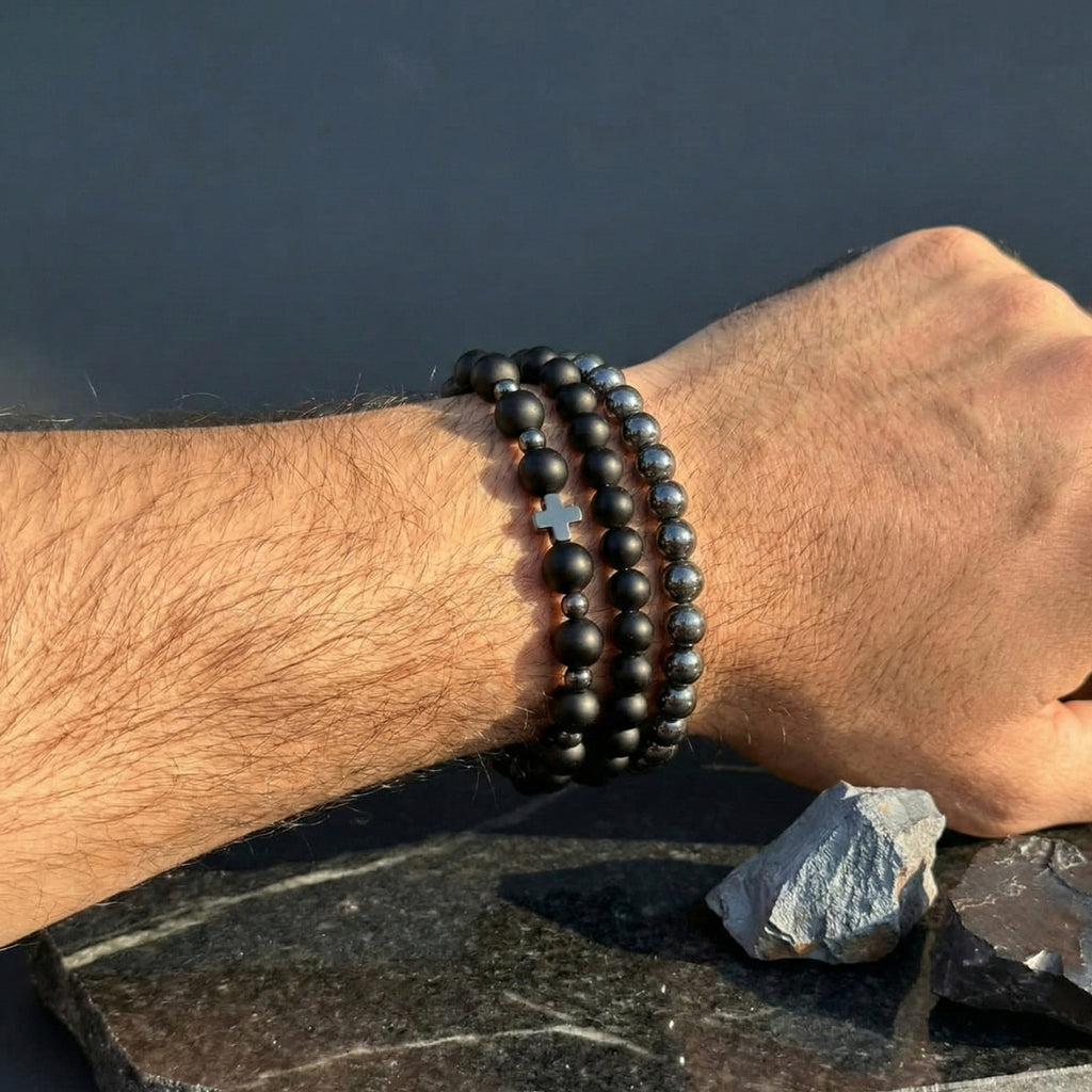 Set 3 Pulseras Hombre Ónix Mate y Hematita para Protección y Fuerza 