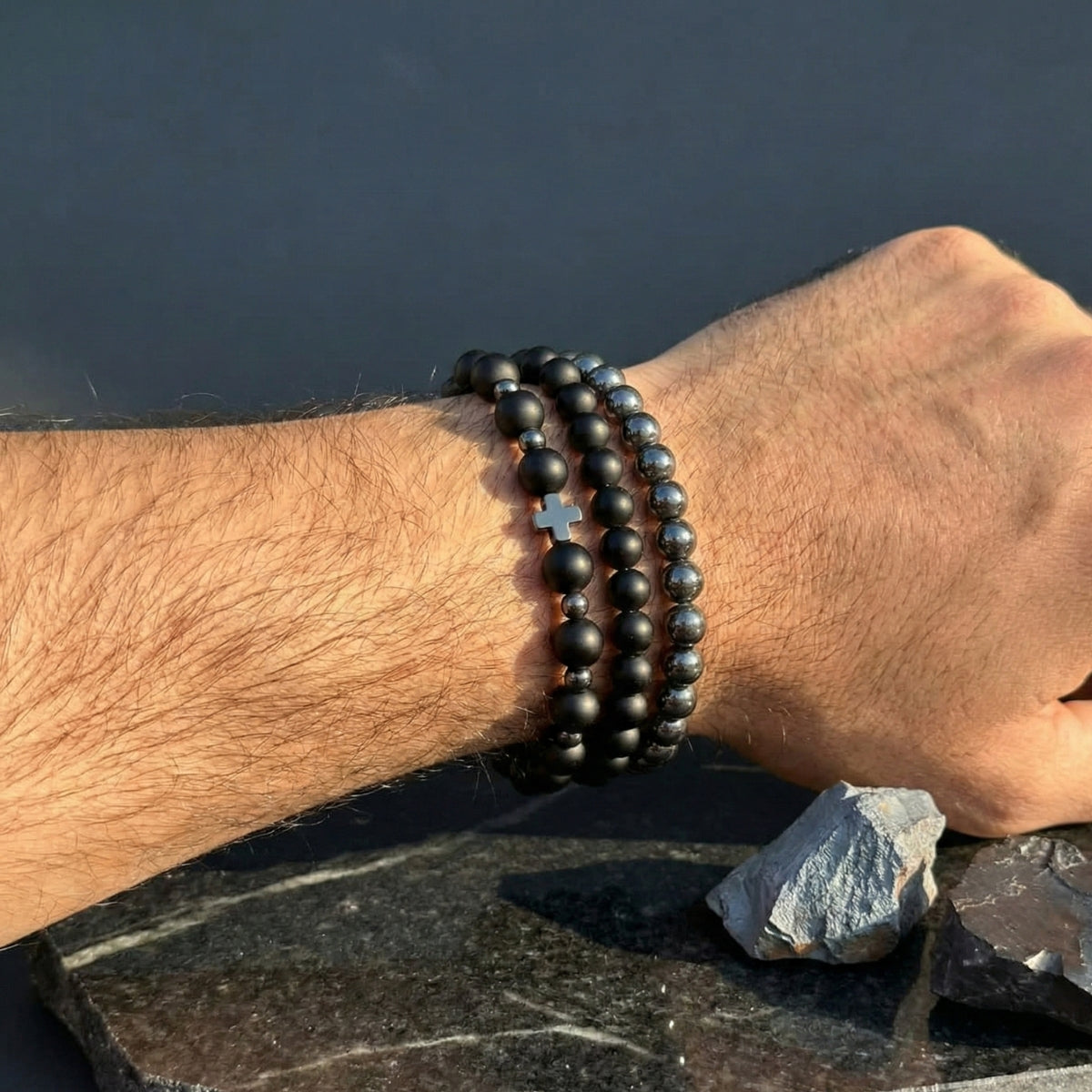 Set 3 Pulseras Hombre Ónix Mate y Hematita para Protección y Fuerza
