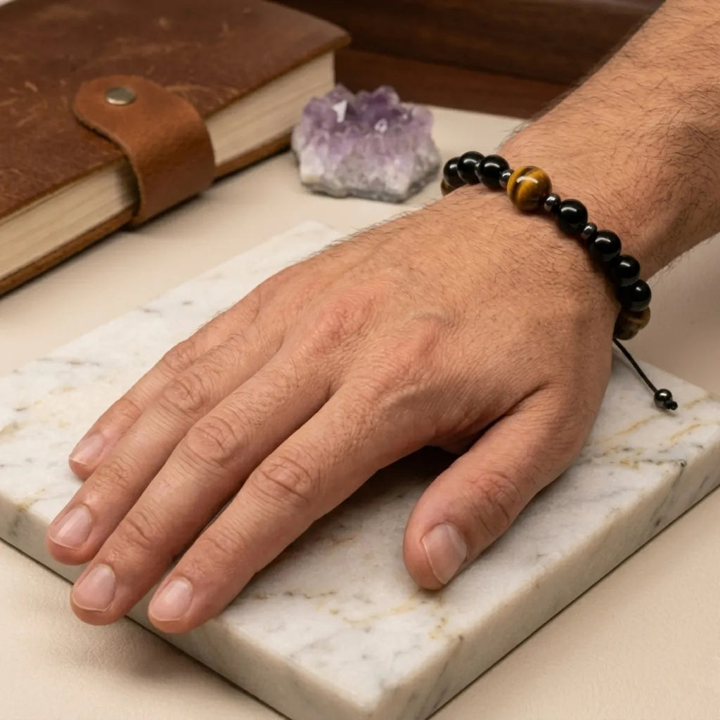 Pulsera de Ojo de Tigre, Obsidiana y Hematita