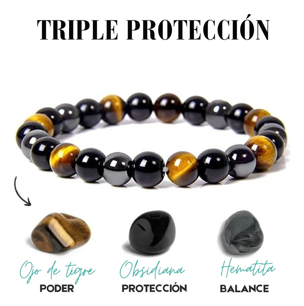 Pulsera Triple Protección Obsidiana Hematita Ojo De Tigre