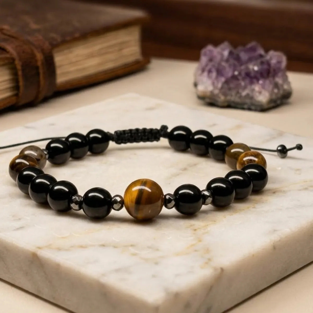 Pulsera de Ojo de Tigre, Obsidiana y Hematita