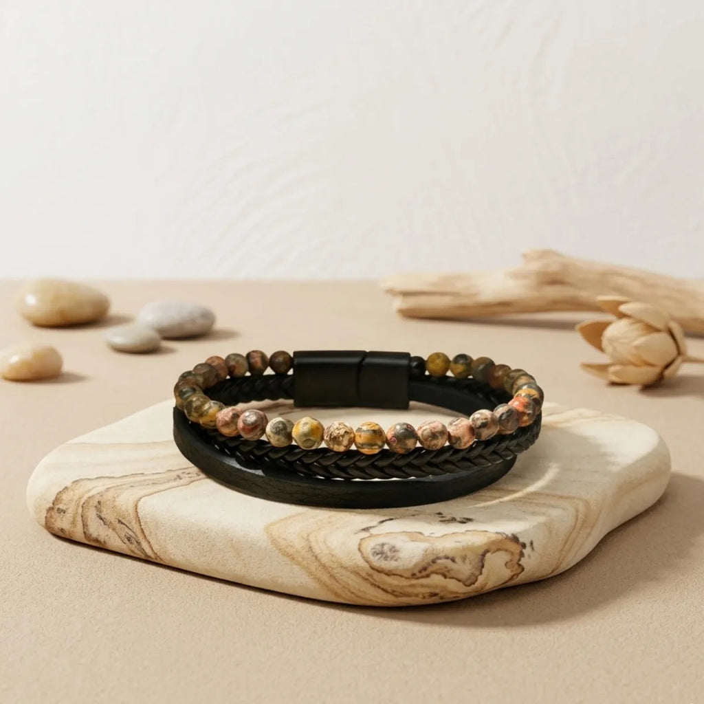 Pulsera Hombre Jaspe Leopardita Piedra Natural Cuero Pu 