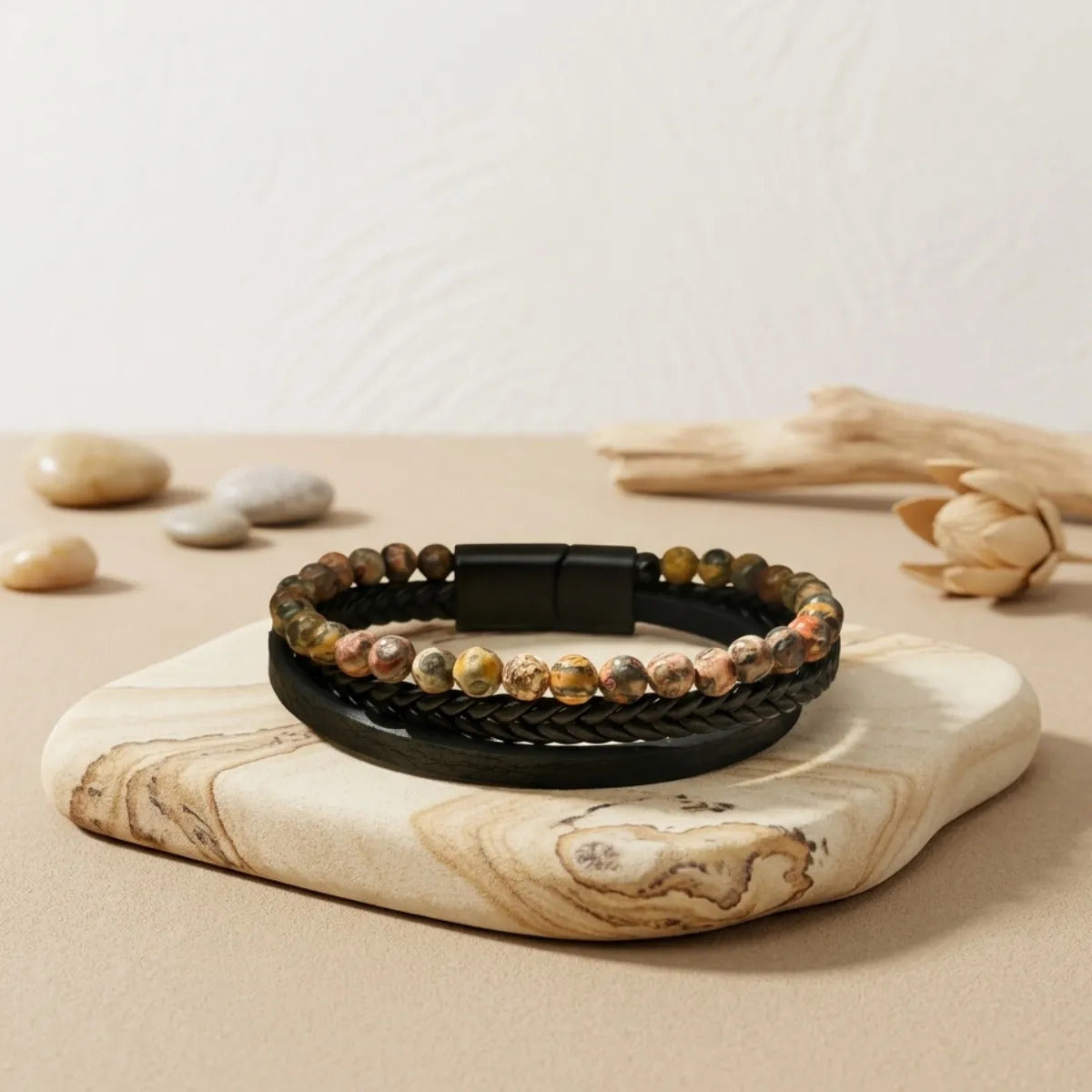 Pulsera Hombre Jaspe Leopardita Piedra Natural Cuero Pu