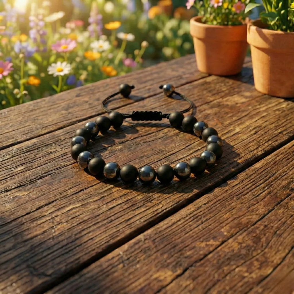 Pulsera Ajustable De Ónix Y Hematita Protección Equilibrio 
