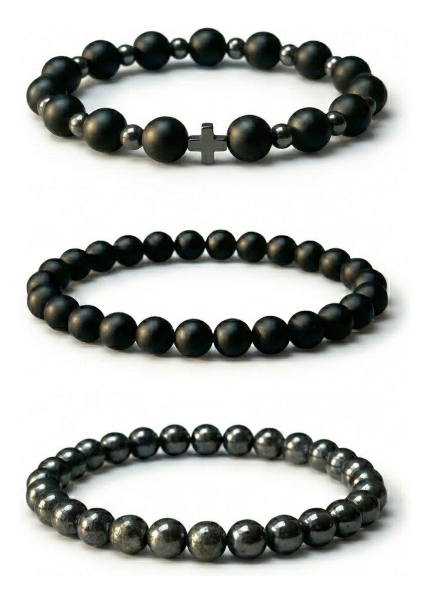 Set 3 Pulseras Hombre Ónix Mate y Hematita para Protección y Fuerza