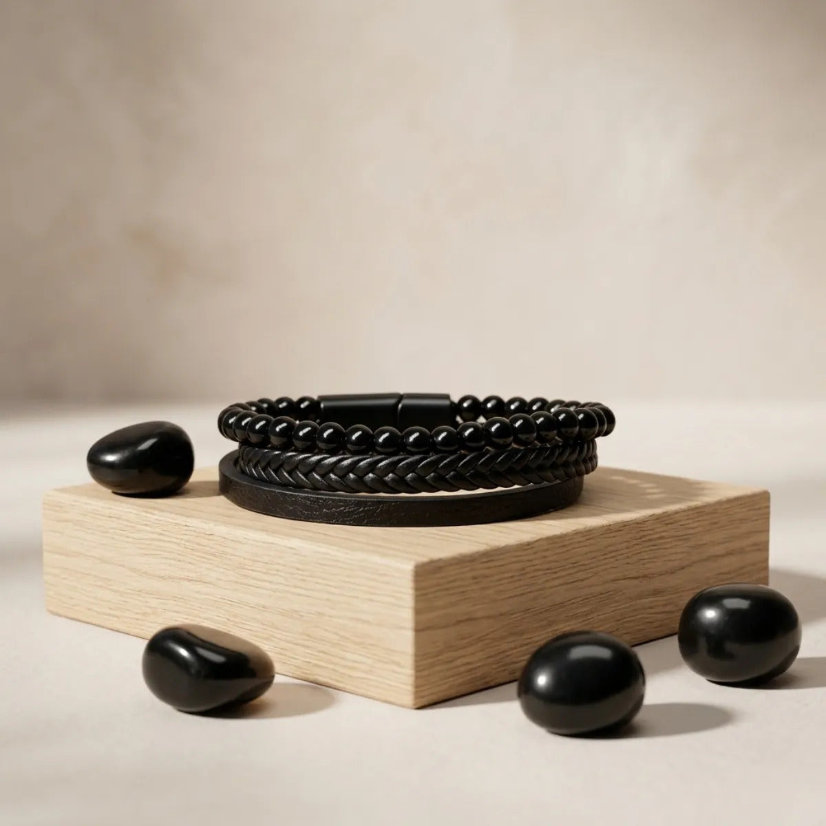 Pulsera Hombre Onix Negro Cuero Pu Brazalete Piedra Natural