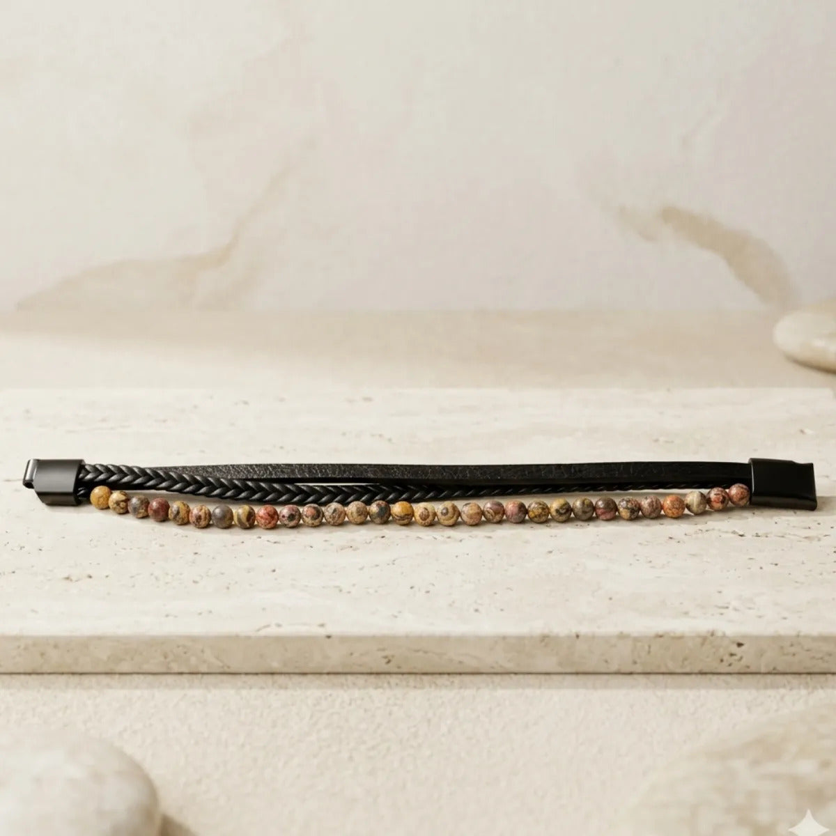 Pulsera Hombre Jaspe Leopardita Piedra Natural Cuero Pu