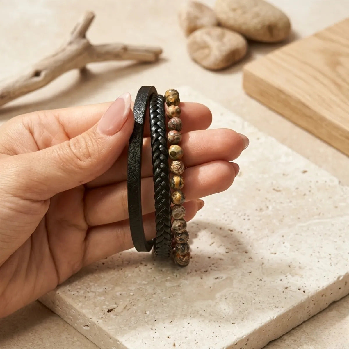 Pulsera Hombre Jaspe Leopardita Piedra Natural Cuero Pu