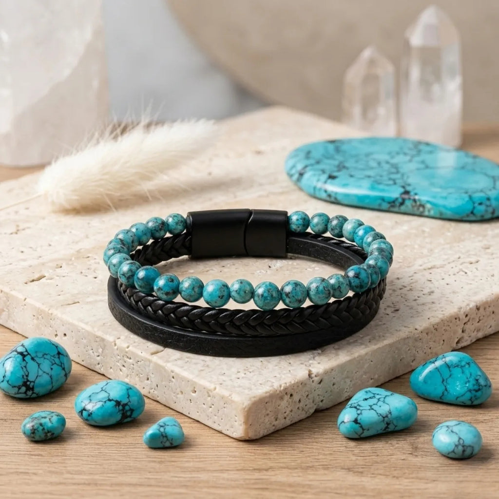 Pulsera Hombre Ágata Turquesa Cuero Pu Piedra Natural 