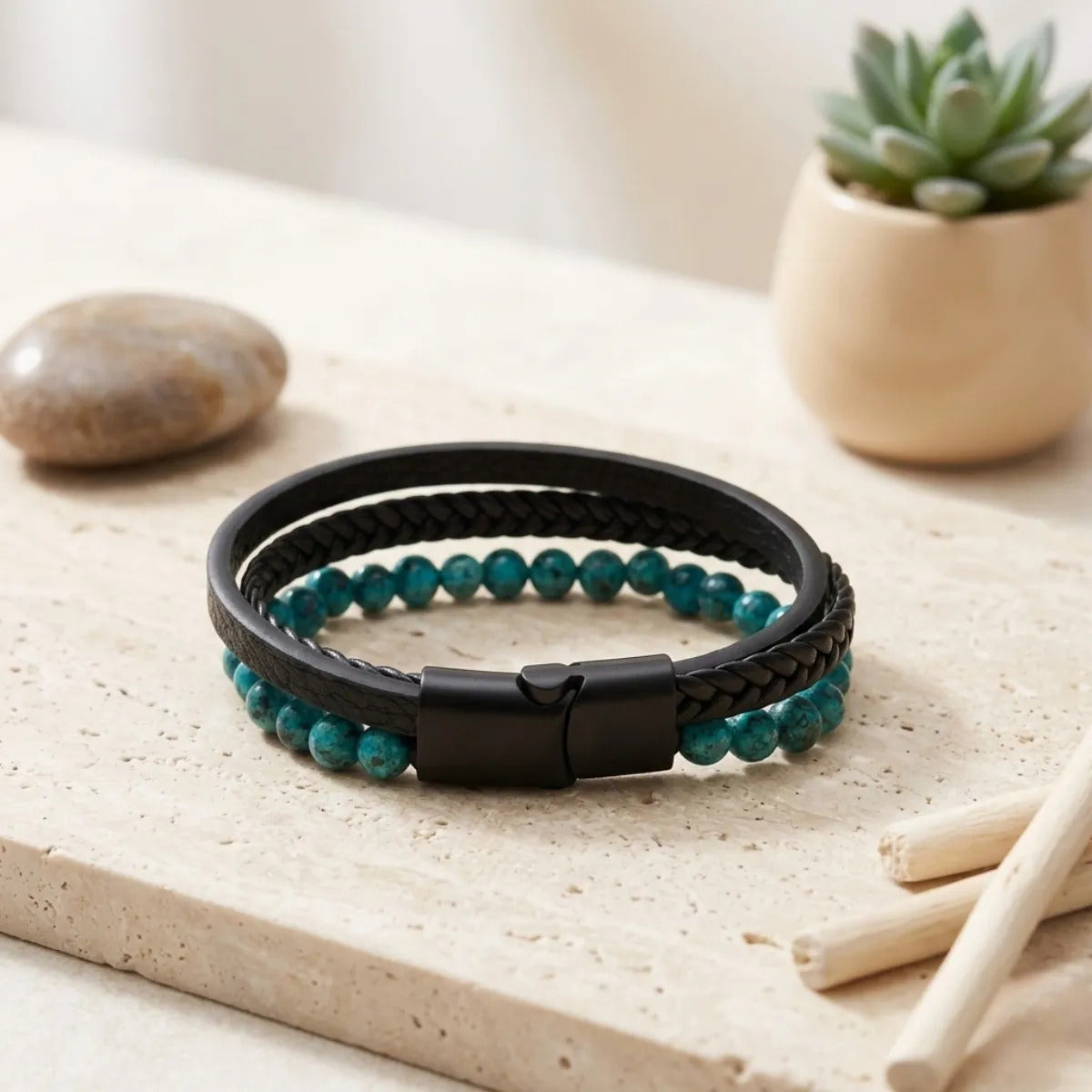 Pulsera Hombre Ágata Turquesa Cuero Pu Piedra Natural