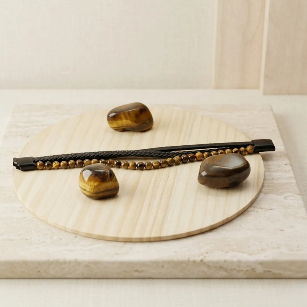 Pulsera Hombre Ojo De Tigre Piedra Natural Cuero Pu