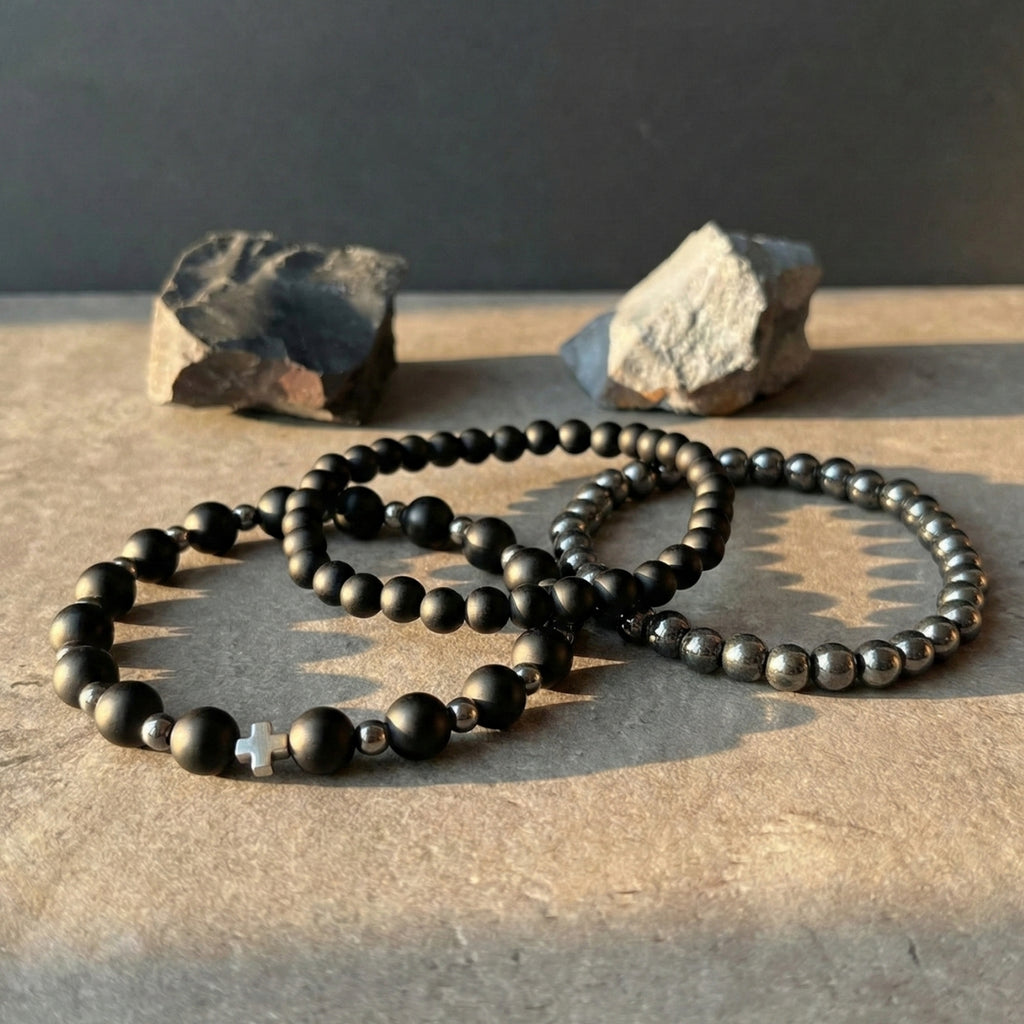 Set 3 Pulseras Hombre Ónix Mate y Hematita para Protección y Fuerza 