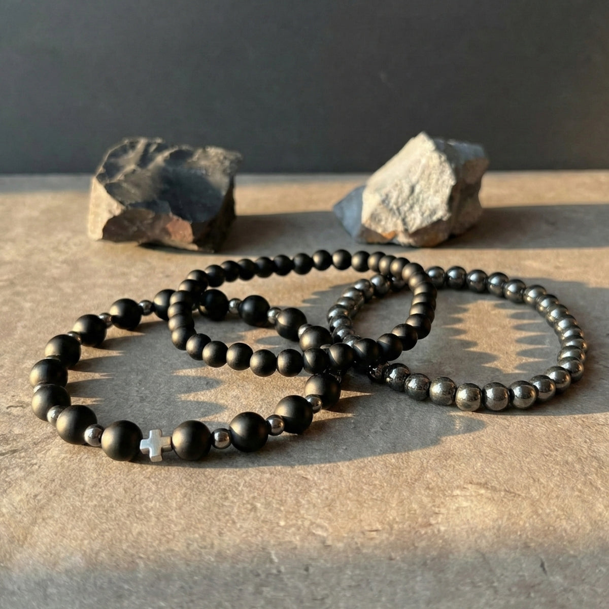 Set 3 Pulseras Hombre Ónix Mate y Hematita para Protección y Fuerza