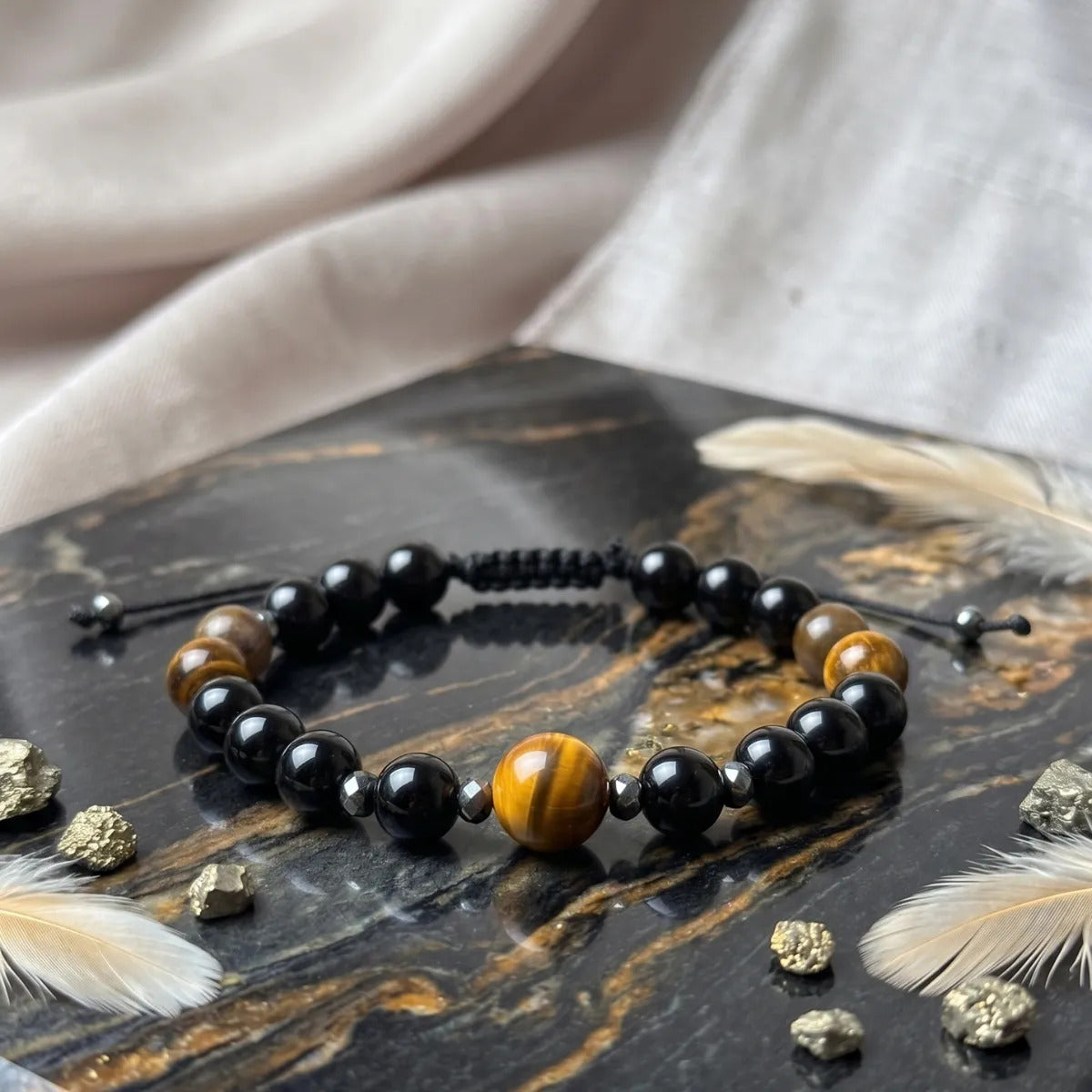 Pulsera de Ojo de Tigre, Obsidiana y Hematita