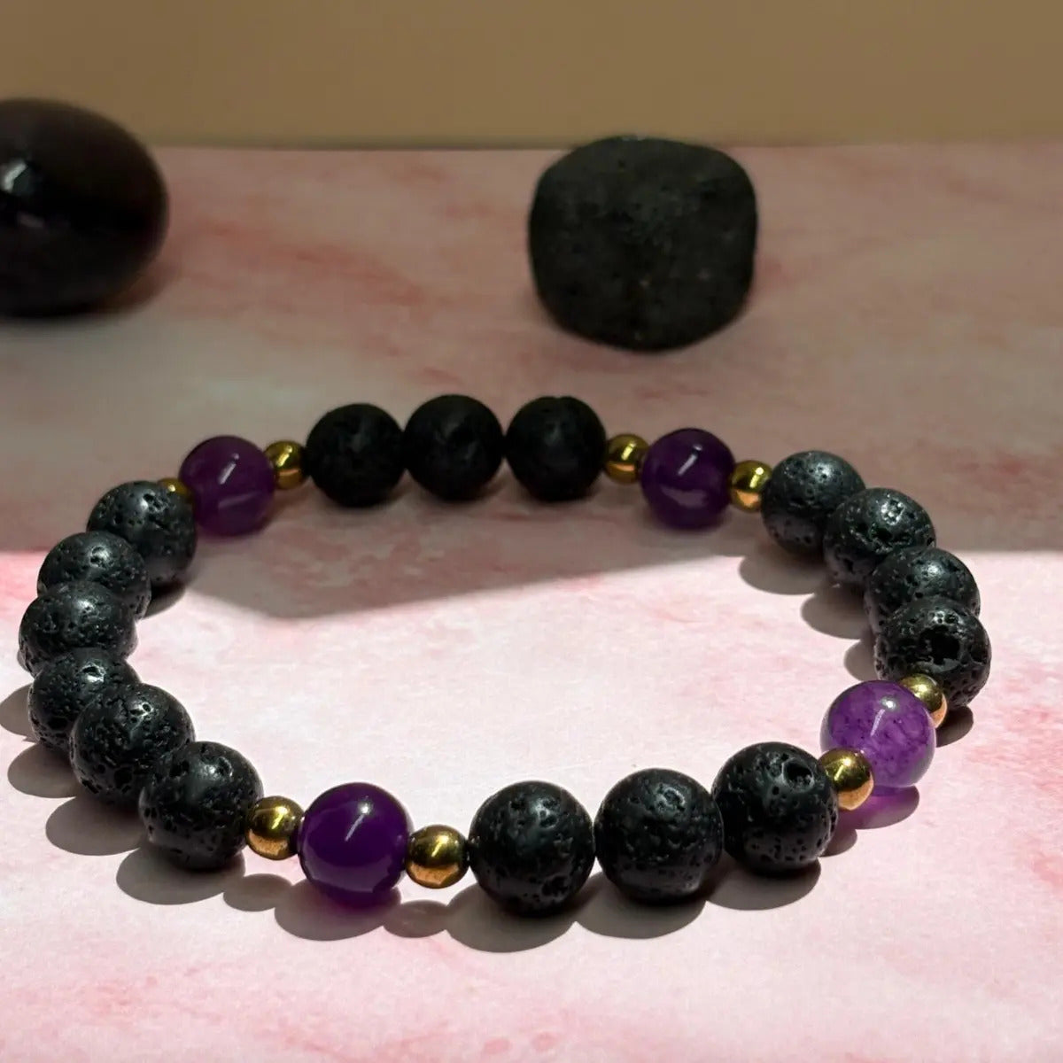 Pulsera Lava Volcánica, Hematita Y Amatista Natural