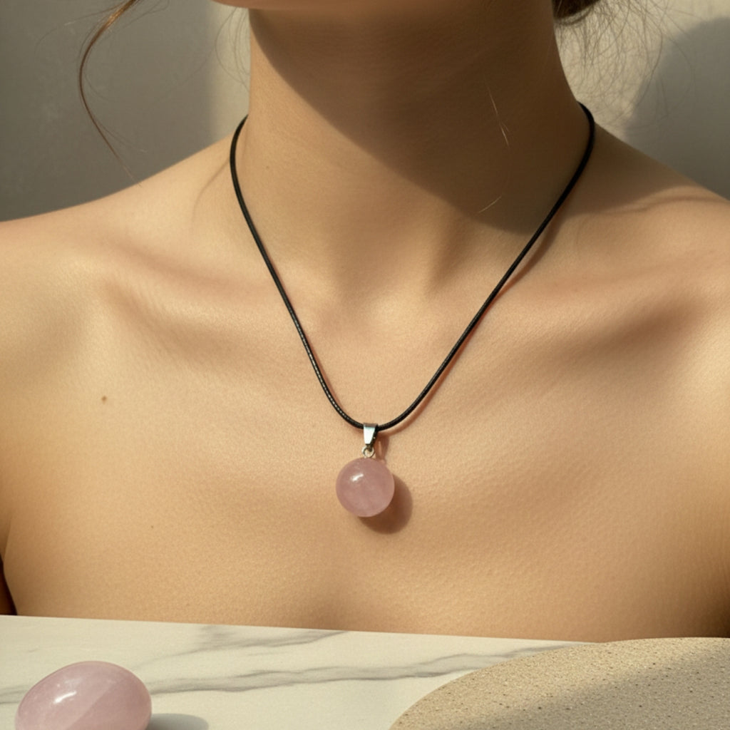 Collar de Cuarzo Rosa Cuero PU – Amor y Sanación