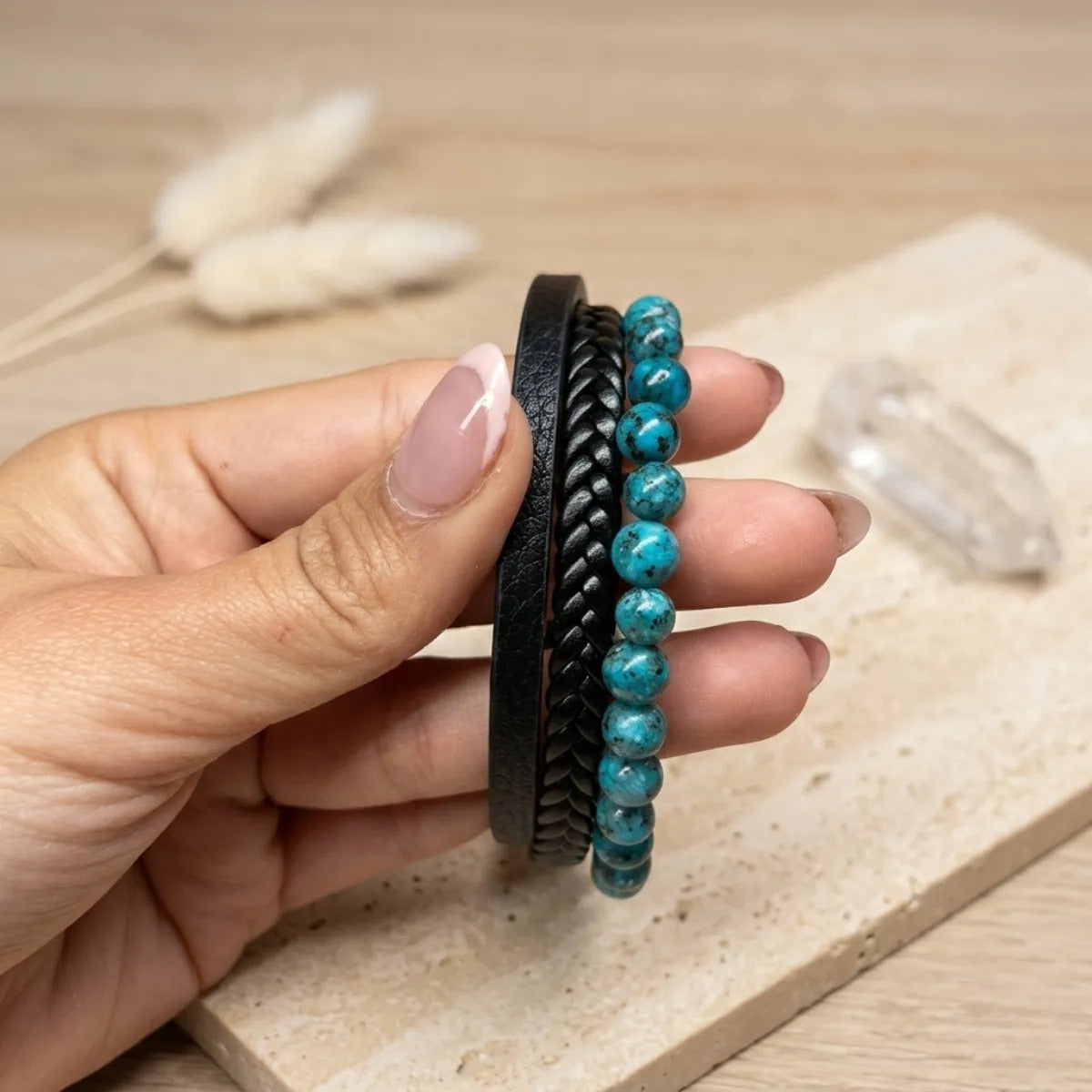 Pulsera Hombre Ágata Turquesa Cuero Pu Piedra Natural