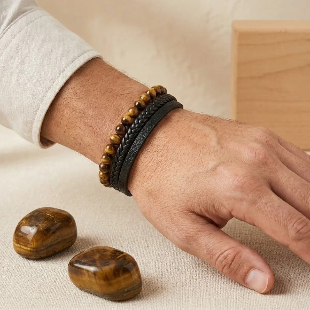 Pulsera Hombre Ojo De Tigre Piedra Natural Cuero Pu