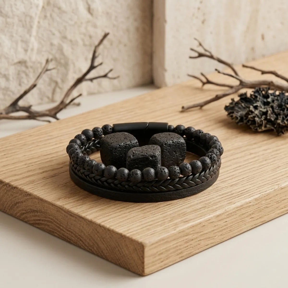 Pulsera Hombre Lava Piedra Natural Cuero Pu Masculina