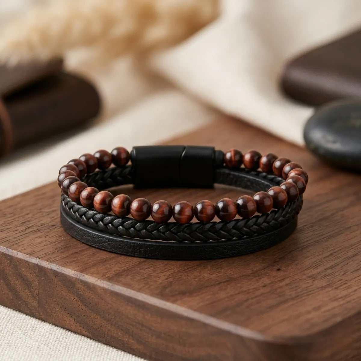 Pulsera Hombre Ojo De Buey Piedra Natural Cuero Pu