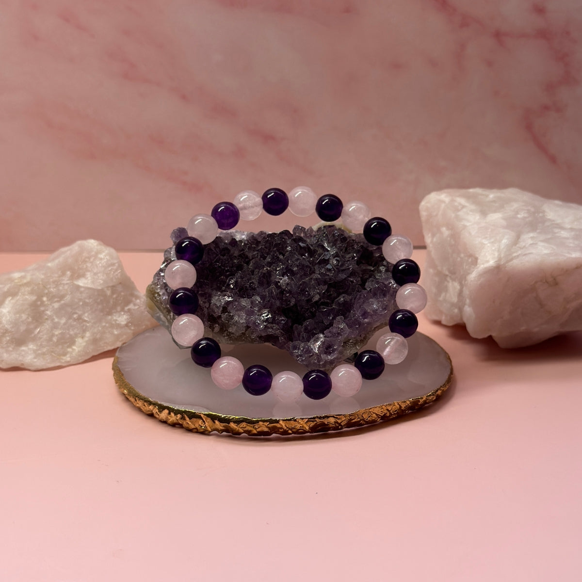 Pulsera de Cuarzo Rosa y Amatista