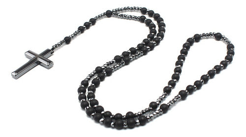 Rosario Collar Cruz Piedra Natural Ónix Negro Y Hematita