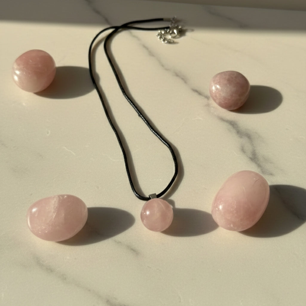 Collar de Cuarzo Rosa Cuero PU – Amor y Sanación