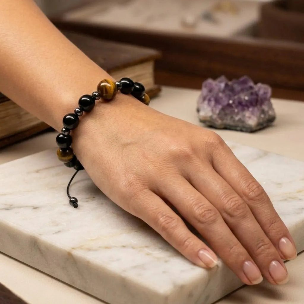Pulsera de Ojo de Tigre, Obsidiana y Hematita