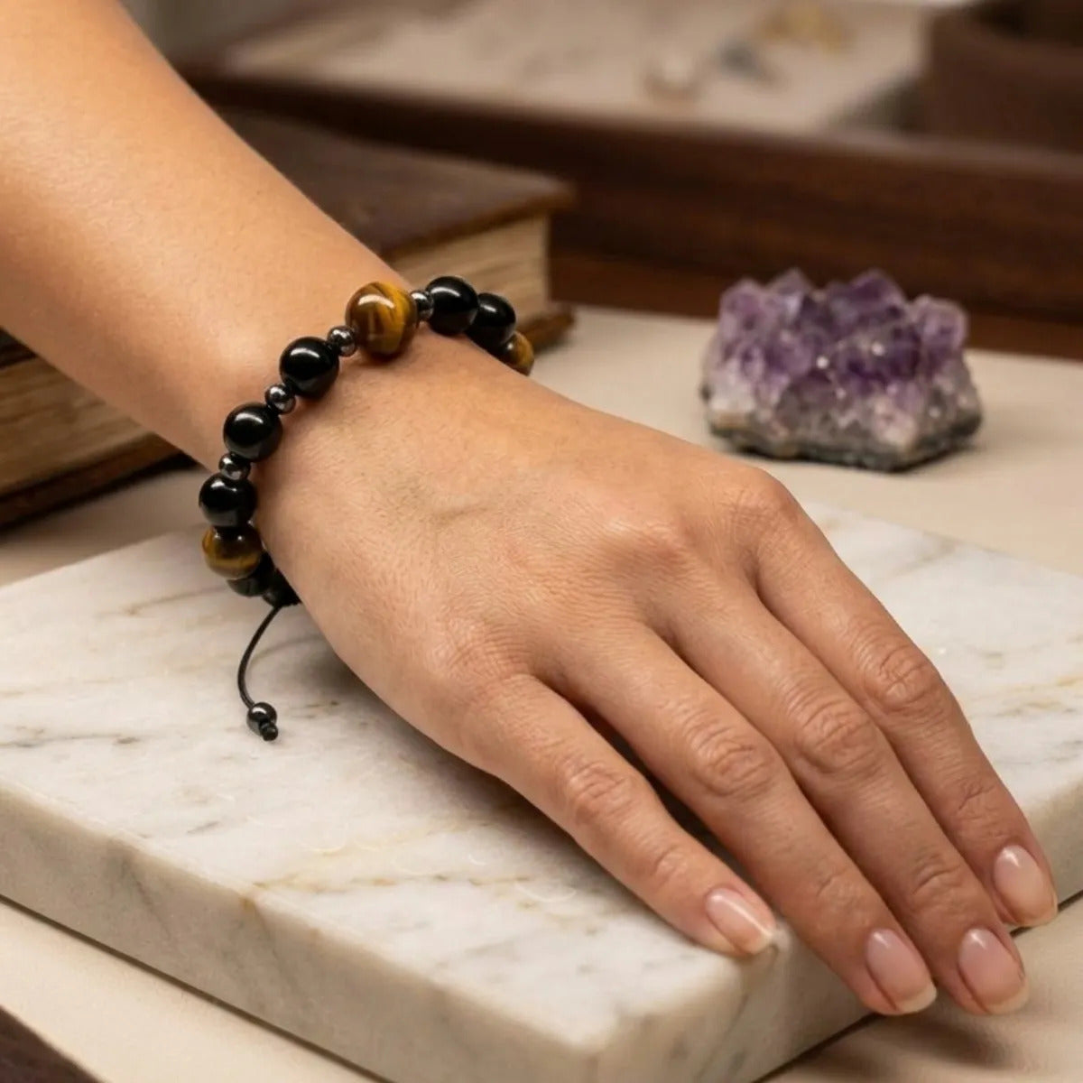 Pulsera de Ojo de Tigre, Obsidiana y Hematita