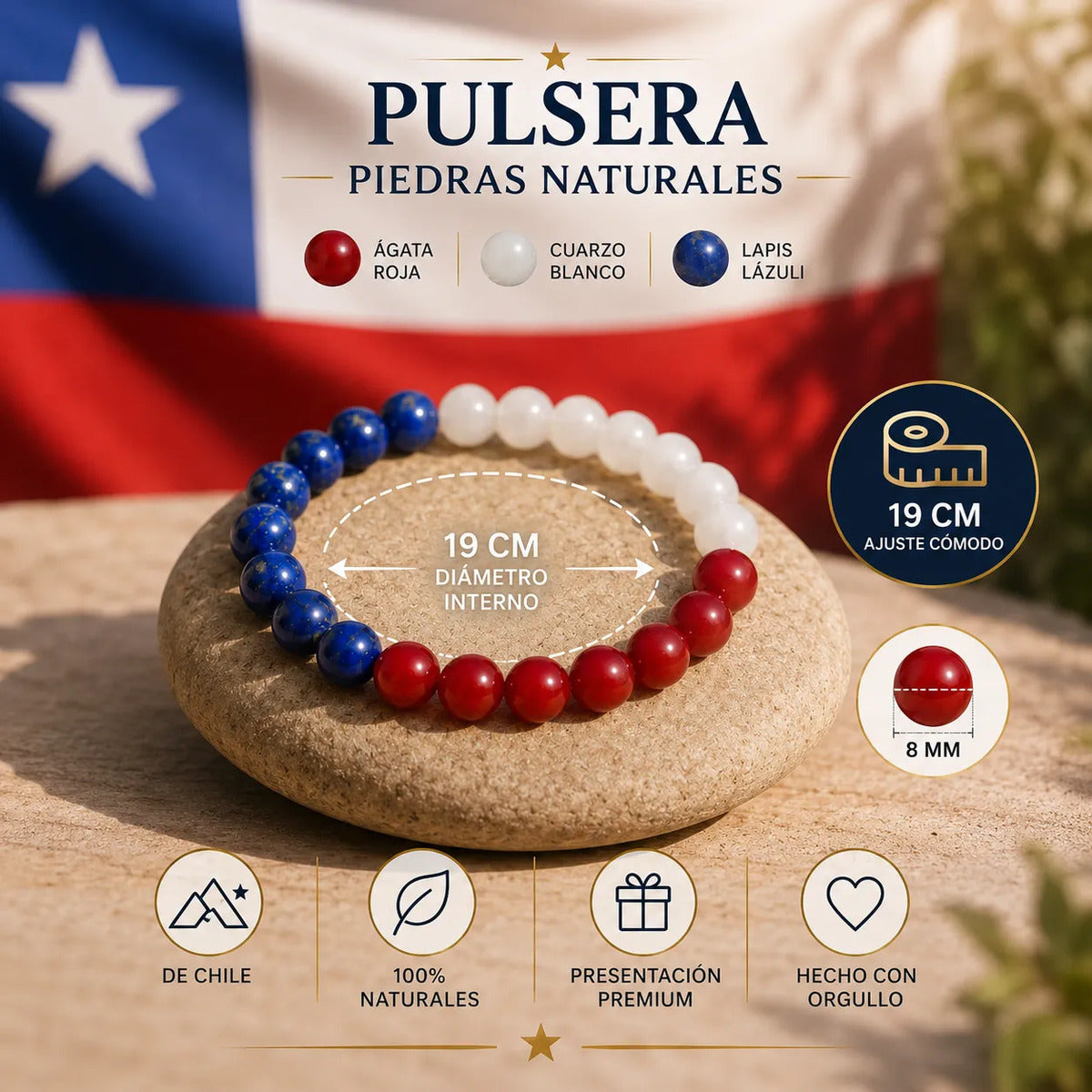 Pulsera Piedras Naturales Chile Tricolor Ágata Lapislázuli