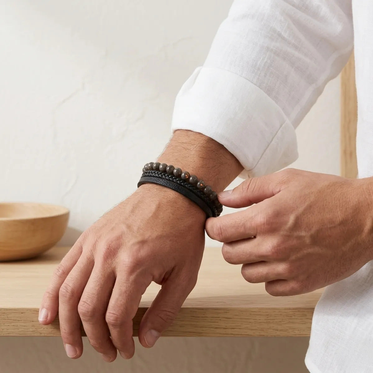 Pulsera Hombre Jaspe Yoperlita Piedra Natural Cuero Pu