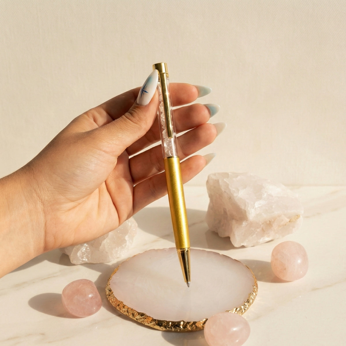 Lápiz con cristal de Cuarzo Rosa – Amor