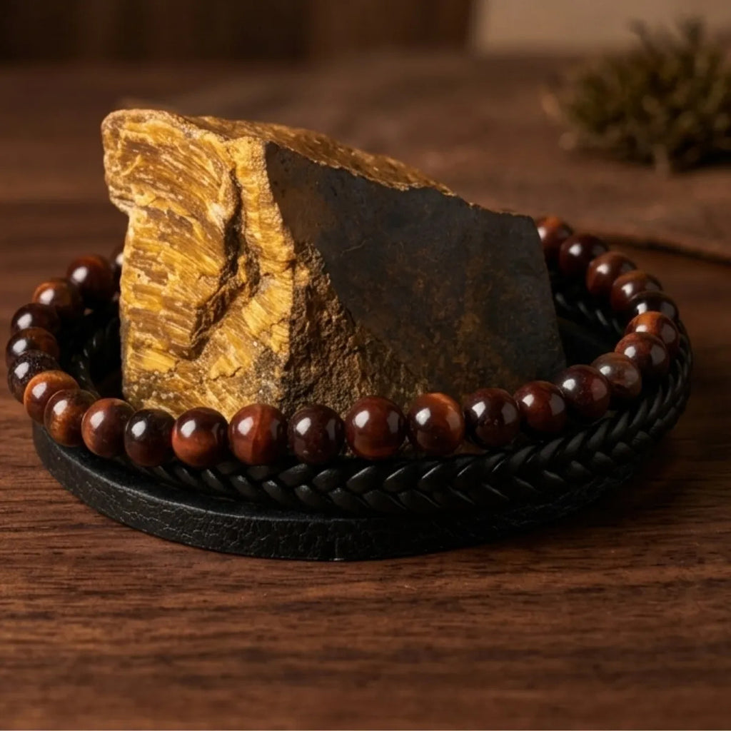 Pulsera Hombre Ojo De Tigre Piedra Natural Cuero Pu