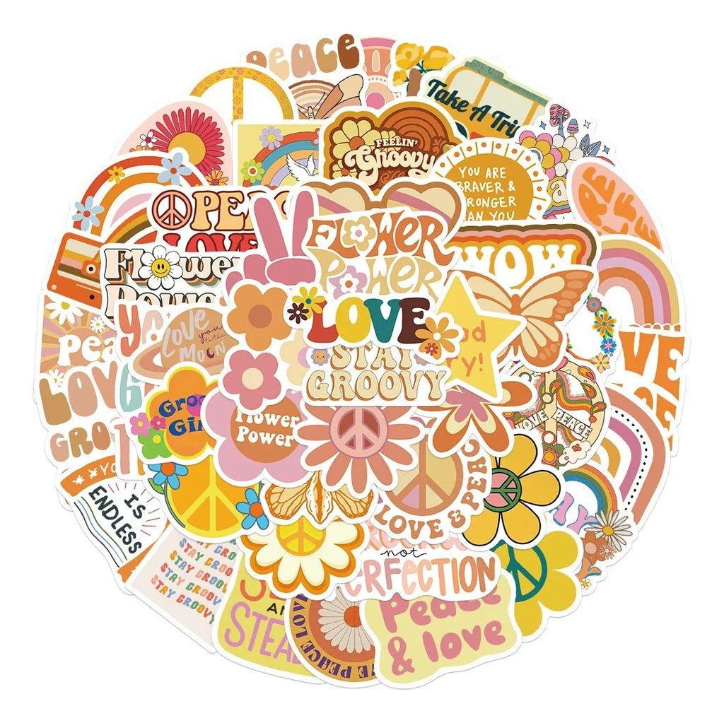 Pack 50 Stickers Retro Hippie Peace & Love Vinilo