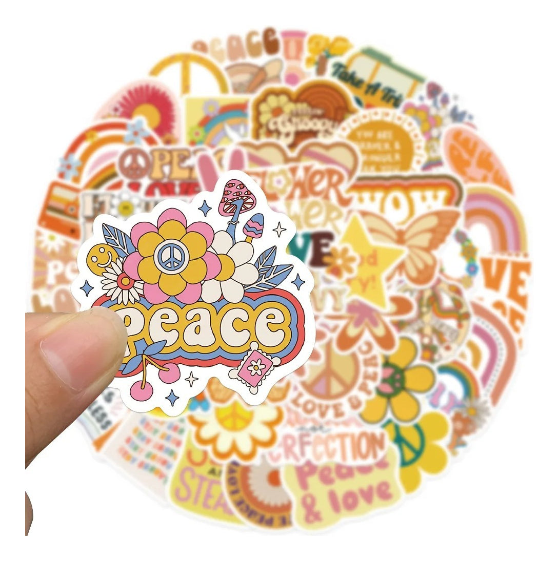 Pack 50 Stickers Retro Hippie Peace & Love Vinilo