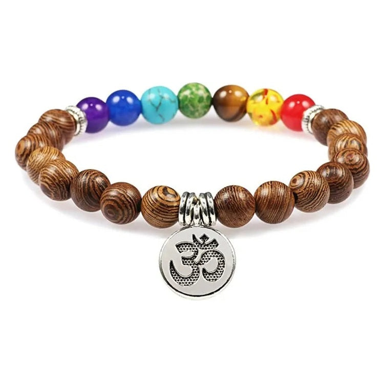 Pulsera 7 Chakras Madera Natural Piedras Energía Equilibrio