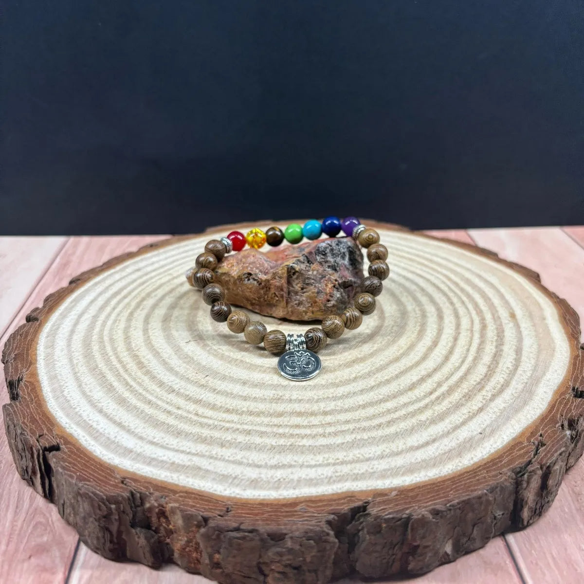 Pulsera 7 Chakras Madera Natural Piedras Energía Equilibrio