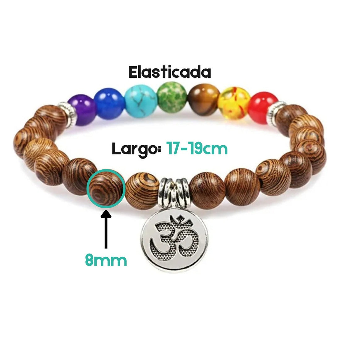 Pulsera 7 Chakras Madera Natural Piedras Energía Equilibrio